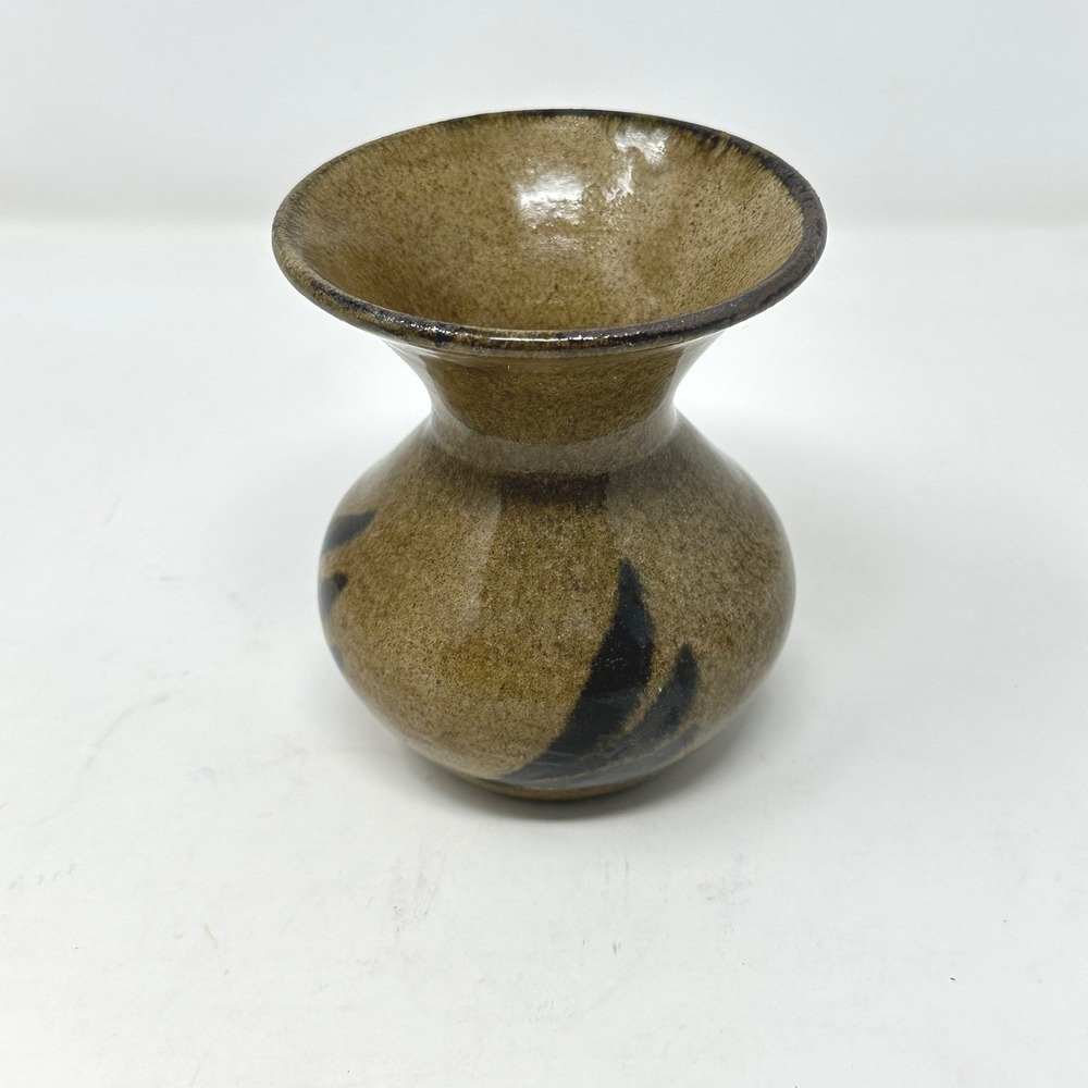 Vintage Kenya Studio Pottery Bud Vase Brown Speckled Glaze Abstract Design 4.5"